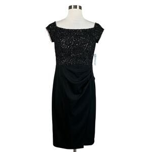 Alex Evenings Women's Cocktail Dress Size 8 Black Sequined Lace and Crepe Sheath